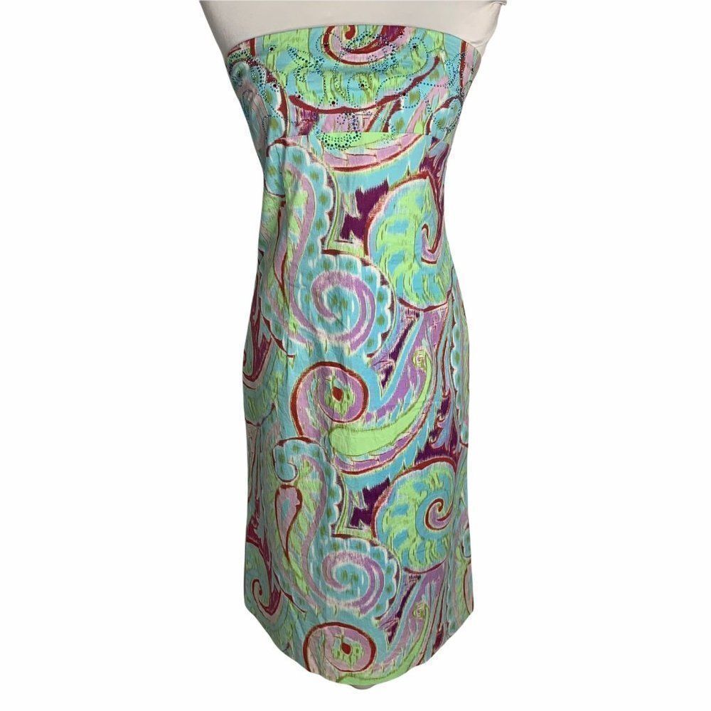 Ruth Strapless Embellished Midi Dress 8 Blue Paisley Stretch A Line